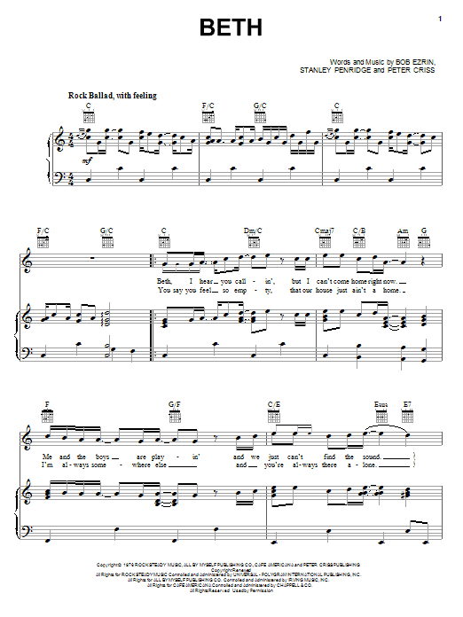 KISS Beth sheet music notes and chords. Download Printable PDF.