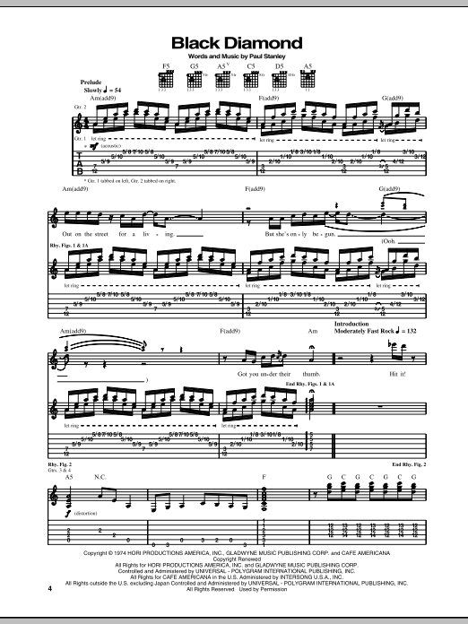 KISS Black Diamond Sheet Music Notes & Chords for Guitar Tab - Download or Print PDF