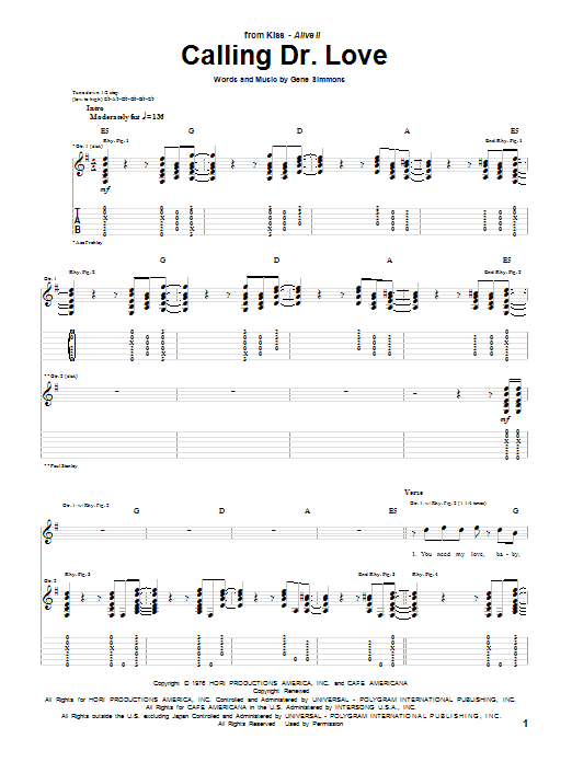 KISS Calling Dr. Love Sheet Music Notes & Chords for Guitar Tab Play-Along - Download or Print PDF