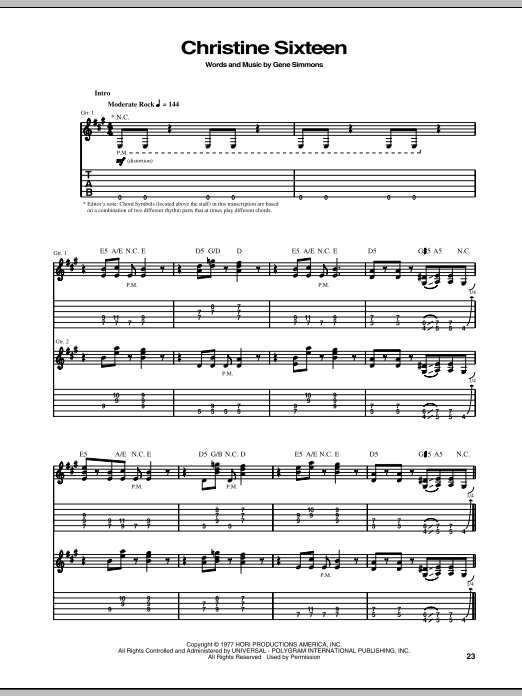 KISS Christine Sixteen Sheet Music Notes & Chords for Guitar Tab - Download or Print PDF