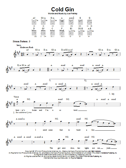 KISS Cold Gin sheet music notes and chords. Download Printable PDF.