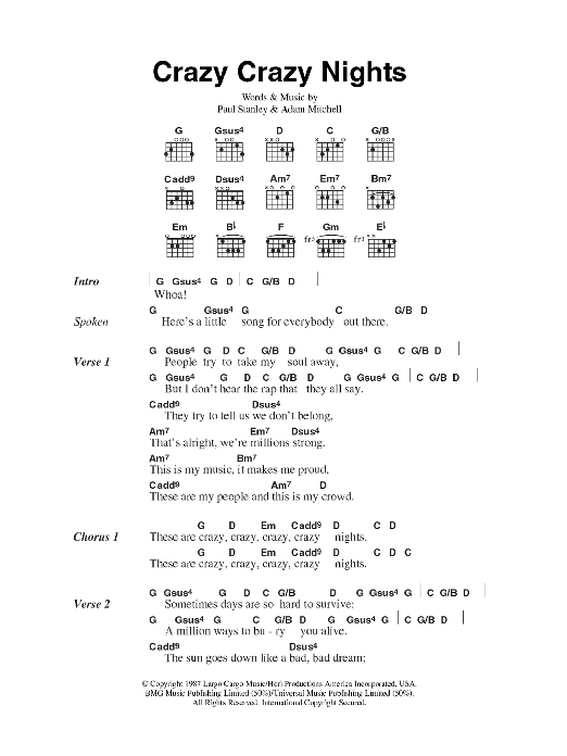 KISS Crazy Crazy Nights Sheet Music Notes & Chords for Lyrics & Chords - Download or Print PDF