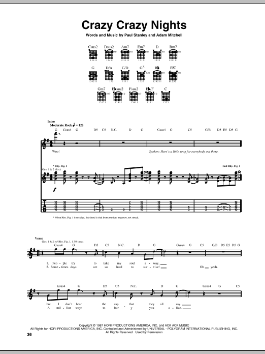 KISS Crazy Crazy Nights Sheet Music Notes & Chords for Guitar Tab - Download or Print PDF