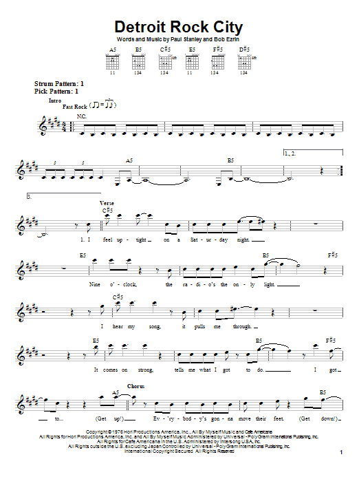 KISS Detroit Rock City Sheet Music Notes & Chords for Guitar Tab - Download or Print PDF