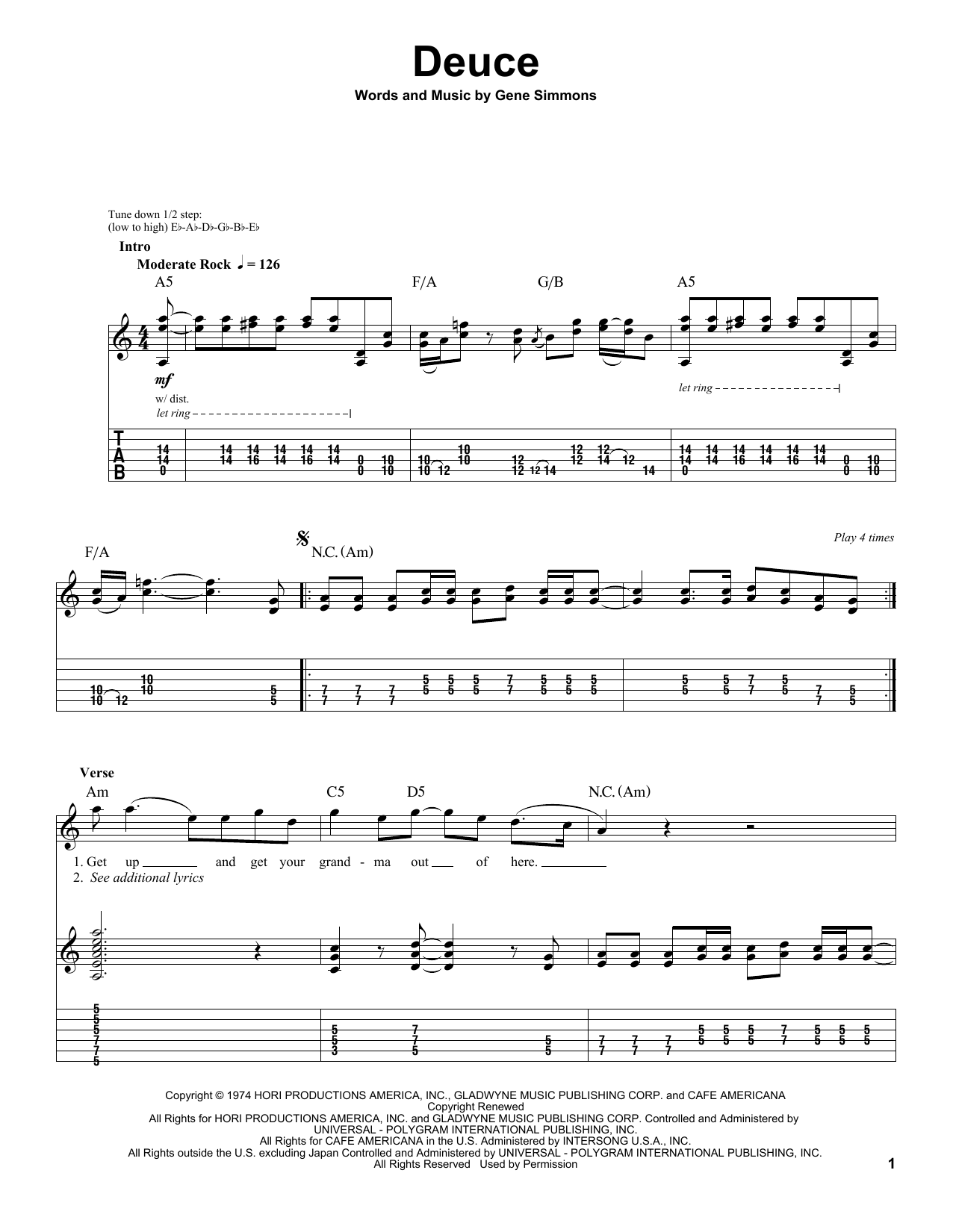 KISS Deuce Sheet Music Notes & Chords for Guitar Tab Play-Along - Download or Print PDF