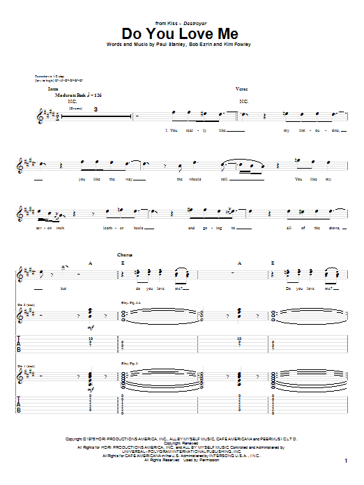 KISS Do You Love Me Sheet Music Notes & Chords for Guitar Tab - Download or Print PDF