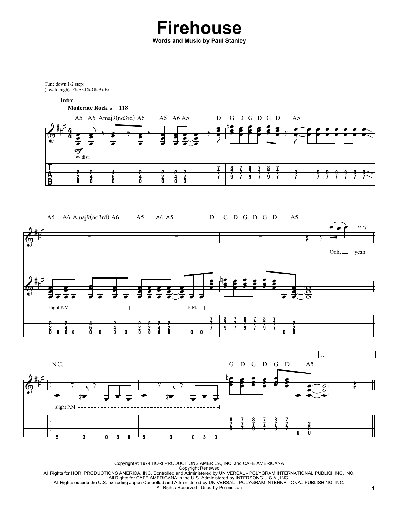 KISS Firehouse Sheet Music Notes & Chords for Bass Guitar Tab - Download or Print PDF