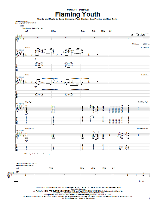 KISS Flaming Youth Sheet Music Notes & Chords for Guitar Tab - Download or Print PDF