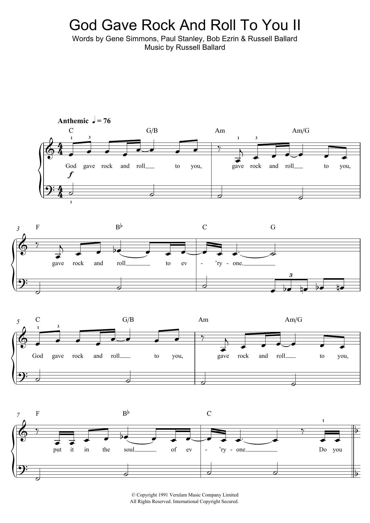 KISS God Gave Rock And Roll To You II Sheet Music Notes & Chords for Beginner Piano - Download or Print PDF