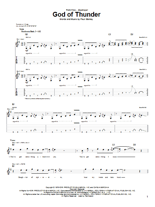 KISS God Of Thunder Sheet Music Notes & Chords for Bass Guitar Tab - Download or Print PDF