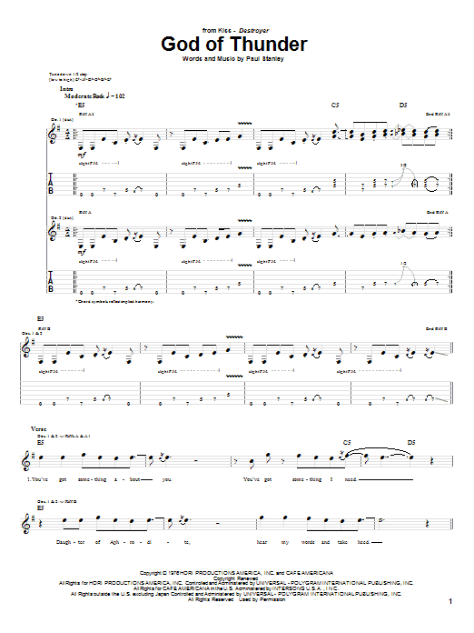 KISS God Of Thunder Sheet Music Notes & Chords for Guitar Tab Play-Along - Download or Print PDF