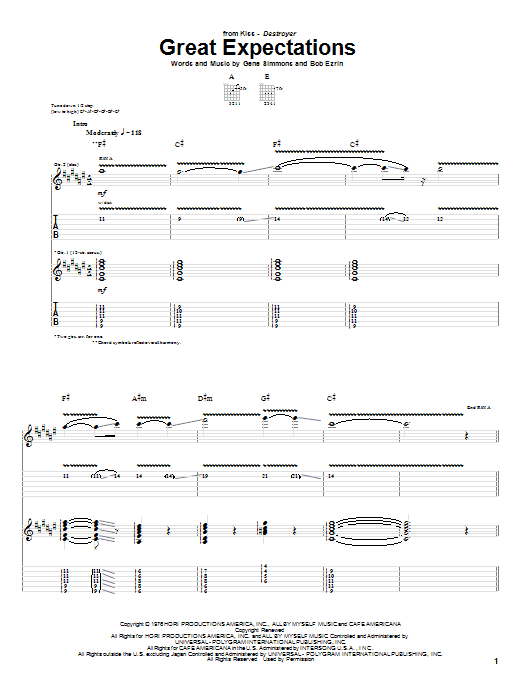 KISS Great Expectations Sheet Music Notes & Chords for Guitar Tab - Download or Print PDF