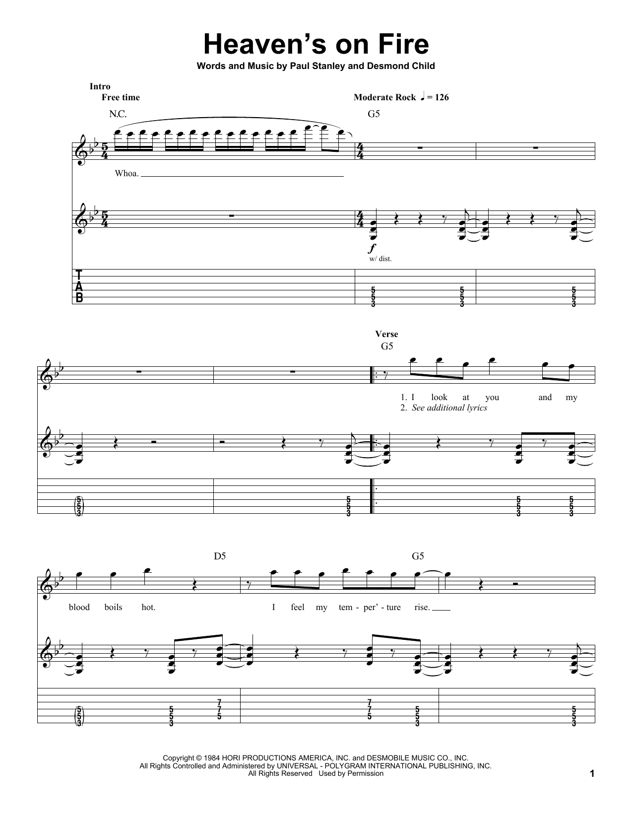 KISS Heaven's On Fire Sheet Music Notes & Chords for Guitar Tab - Download or Print PDF