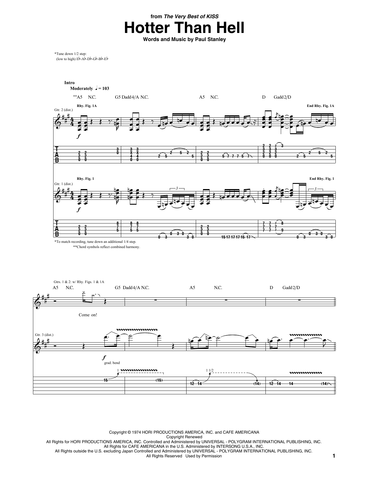 KISS Hotter Than Hell Sheet Music Notes & Chords for Guitar Tab - Download or Print PDF