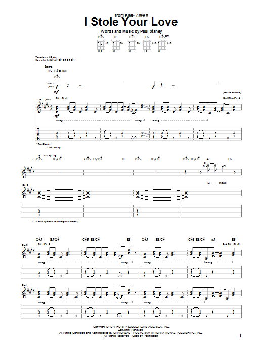 KISS I Stole Your Love sheet music notes and chords. Download Printable PDF.
