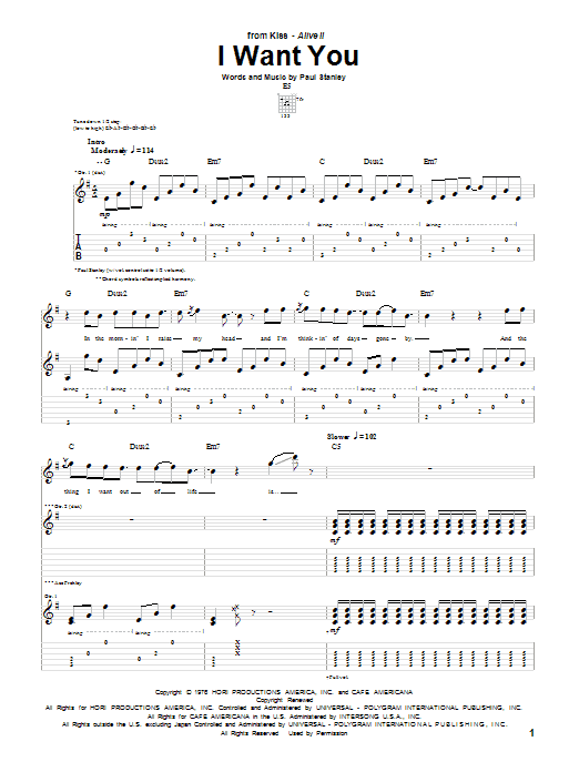 KISS I Want You Sheet Music Notes & Chords for Guitar Tab - Download or Print PDF