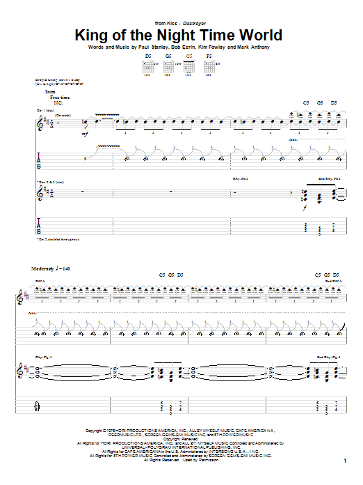 KISS King Of The Night Time World Sheet Music Notes & Chords for Guitar Tab - Download or Print PDF