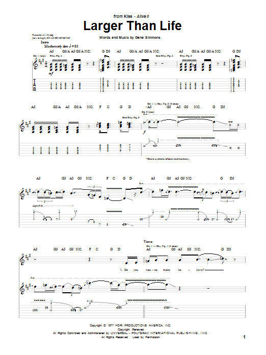 KISS Larger Than Life Sheet Music Notes & Chords for Guitar Tab - Download or Print PDF