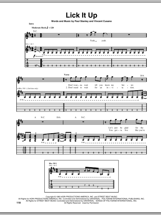 KISS Lick It Up Sheet Music Notes & Chords for Guitar Tab - Download or Print PDF