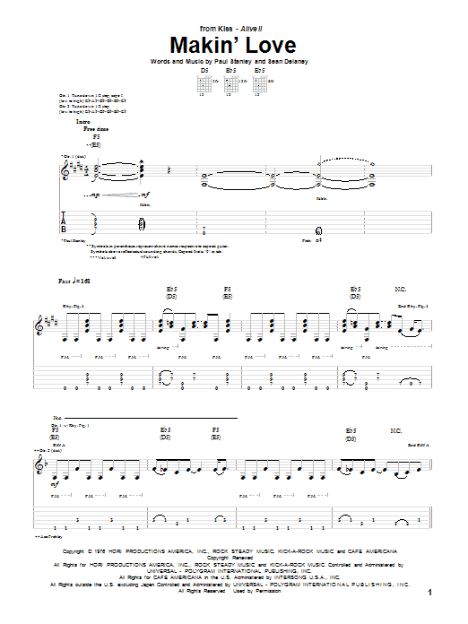 KISS Makin' Love Sheet Music Notes & Chords for Guitar Tab - Download or Print PDF