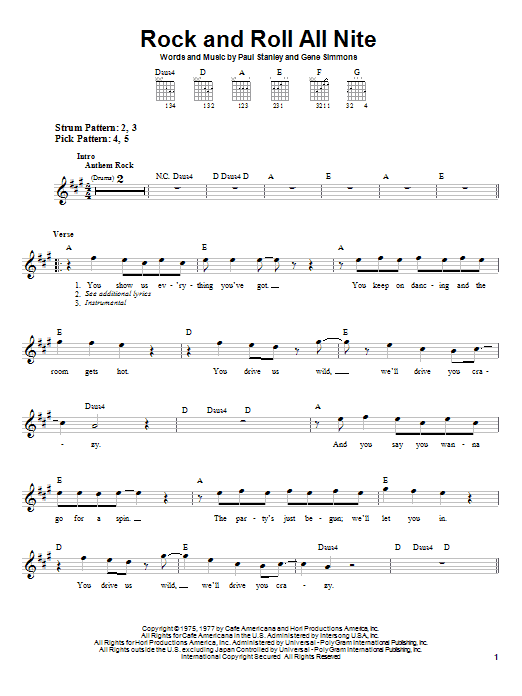 KISS Rock And Roll All Nite Sheet Music Notes & Chords for Guitar Lead Sheet - Download or Print PDF