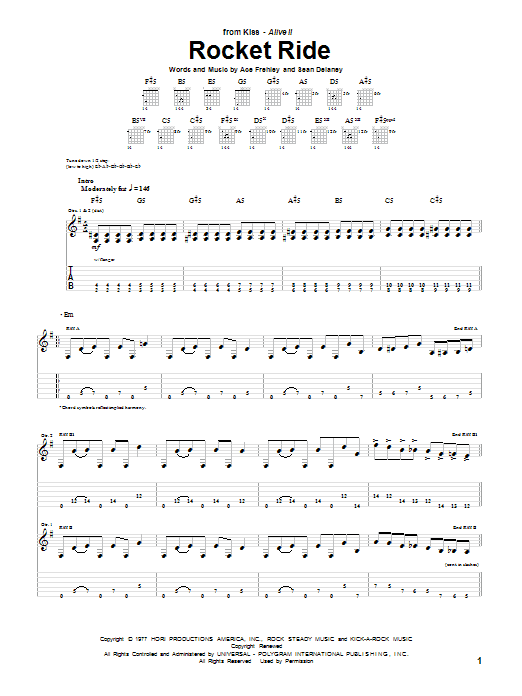 KISS Rocket Ride Sheet Music Notes & Chords for Guitar Tab - Download or Print PDF