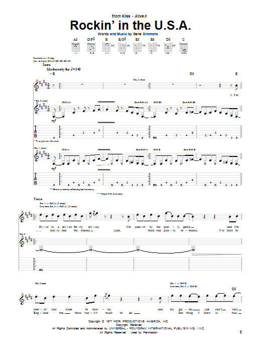 KISS Rockin' In The U.S.A. Sheet Music Notes & Chords for Guitar Tab - Download or Print PDF