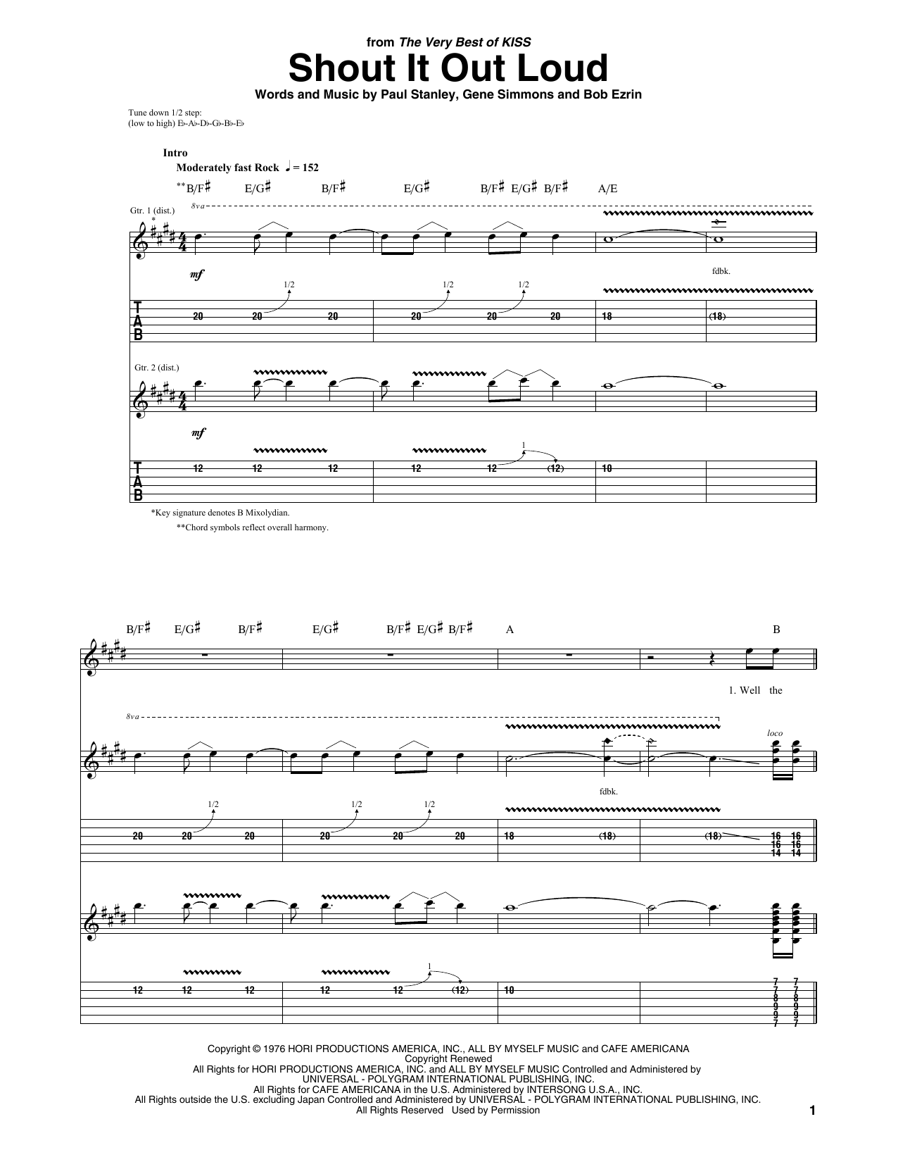 KISS Shout It Out Loud Sheet Music Notes & Chords for Bass Guitar Tab - Download or Print PDF