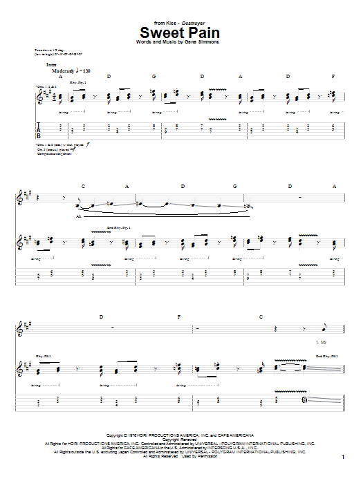 KISS Sweet Pain Sheet Music Notes & Chords for Guitar Tab - Download or Print PDF