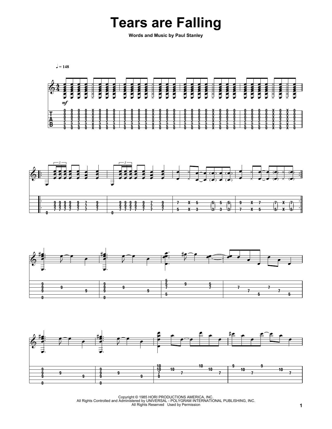 KISS Tears Are Falling Sheet Music Notes & Chords for Guitar Tab - Download or Print PDF