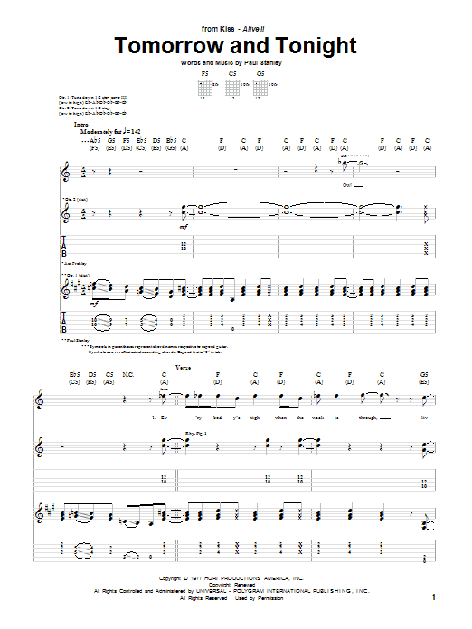 KISS Tomorrow And Tonight Sheet Music Notes & Chords for Guitar Tab - Download or Print PDF