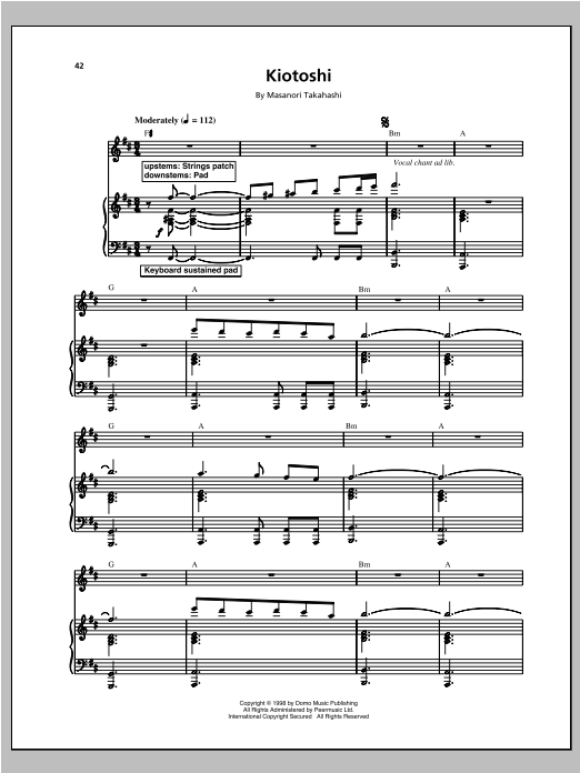 Kitaro Kiotoshi Sheet Music Notes & Chords for Piano, Vocal & Guitar (Right-Hand Melody) - Download or Print PDF