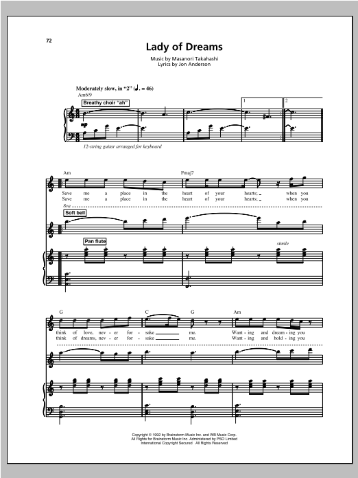 Kitaro Lady Of Dreams Sheet Music Notes & Chords for Piano, Vocal & Guitar (Right-Hand Melody) - Download or Print PDF
