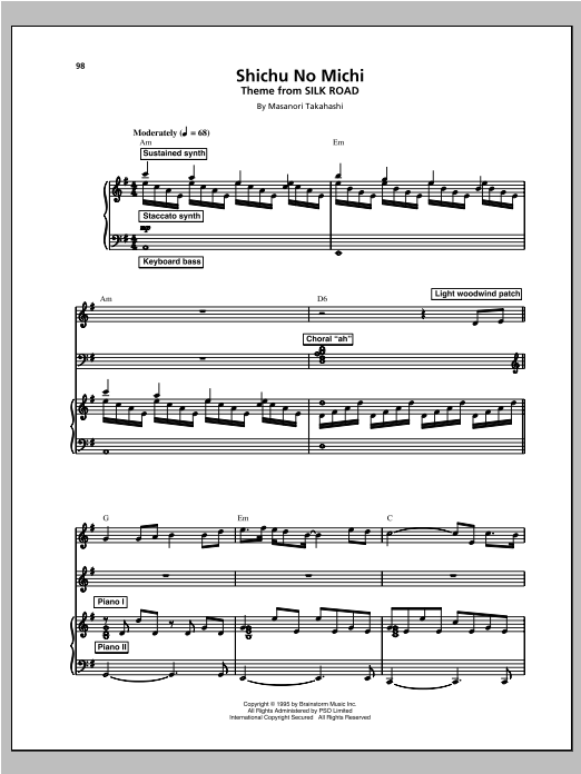 Kitaro Shichu No Michi Sheet Music Notes & Chords for Piano, Vocal & Guitar (Right-Hand Melody) - Download or Print PDF