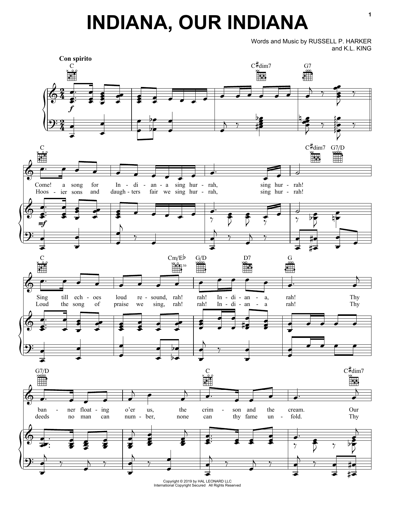 K.L. King Indiana, Our Indiana Sheet Music Notes & Chords for Piano, Vocal & Guitar (Right-Hand Melody) - Download or Print PDF