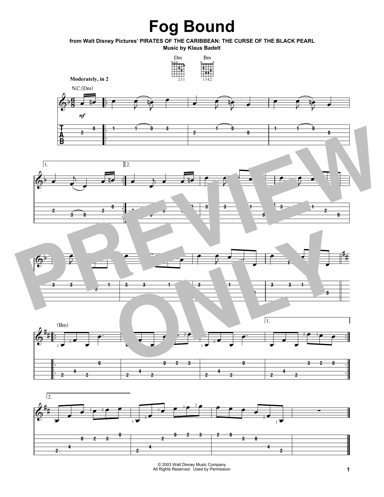 Klaus Badelt Fog Bound Sheet Music Notes & Chords for Easy Guitar Tab - Download or Print PDF