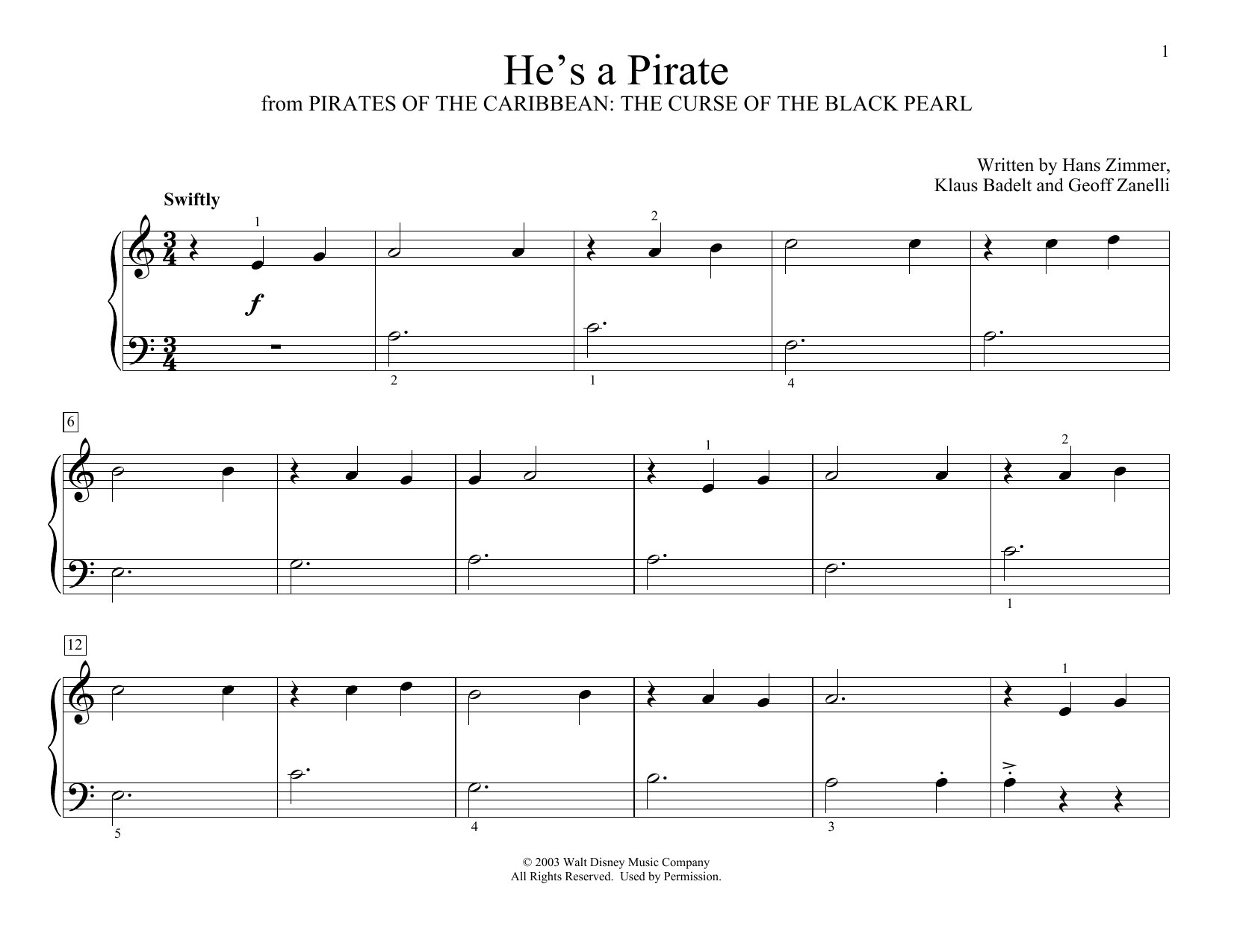 Klaus Badelt He's A Pirate (from Pirates Of The Caribbean: The Curse of the Black Pearl, arr. Christopher Hussey) Sheet Music Notes & Chords for Educational Piano - Download or Print PDF