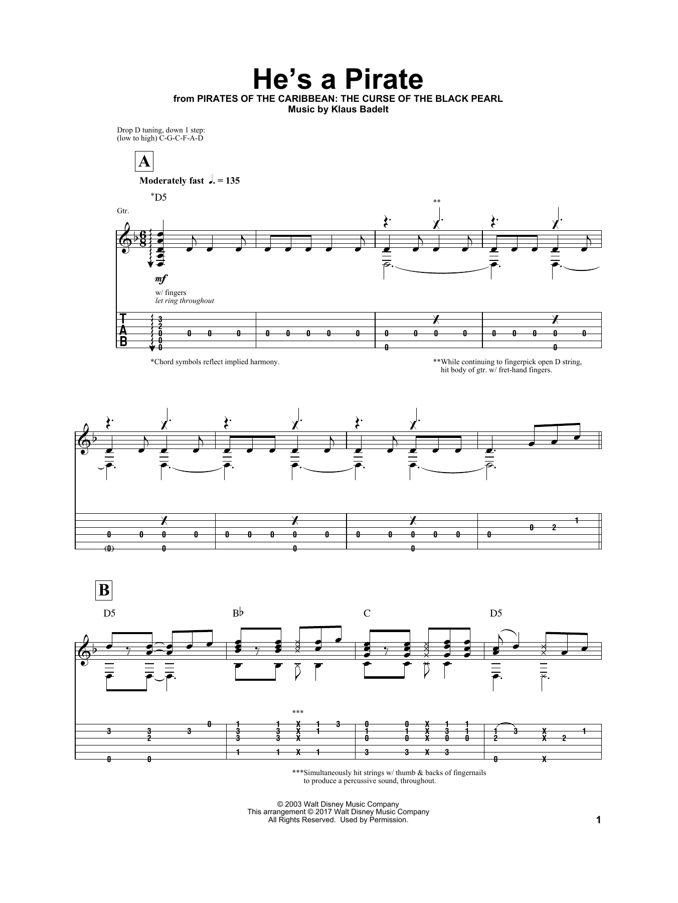 Klaus Badelt He's A Pirate (from Pirates Of The Caribbean: The Curse of the Black Pearl) (arr. Igor Presnyakov) Sheet Music Notes & Chords for Guitar Tab - Download or Print PDF