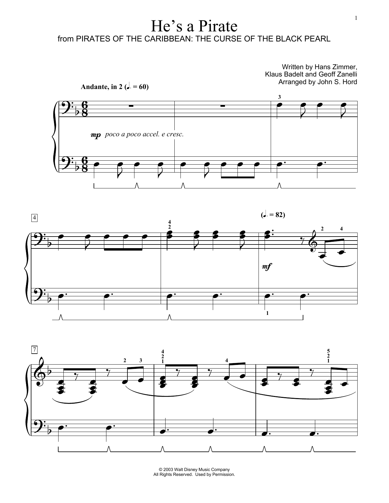 Klaus Badelt He's A Pirate (from Pirates Of The Caribbean: The Curse of the Black Pearl) (arr. John S. Hord) Sheet Music Notes & Chords for Educational Piano - Download or Print PDF