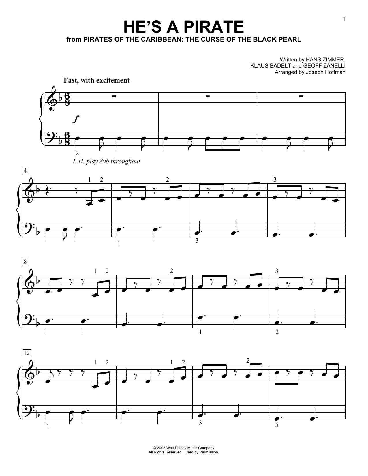 Hans Zimmer He's A Pirate (from Pirates Of The Caribbean: The Curse Of The Black Pearl) (arr. Joseph Hoffman) Sheet Music Notes & Chords for Easy Piano - Download or Print PDF