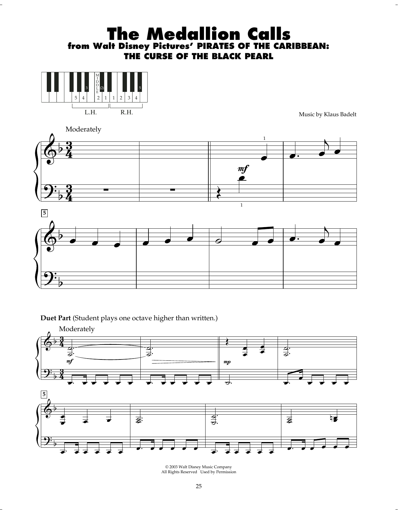 Klaus Badelt The Medallion Calls (from Pirates Of The Caribbean: The Curse of the Black Pearl) Sheet Music Notes & Chords for 5-Finger Piano - Download or Print PDF