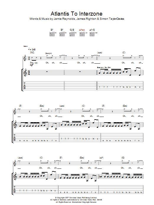 Klaxons Atlantis To Interzone Sheet Music Notes & Chords for Guitar Tab - Download or Print PDF