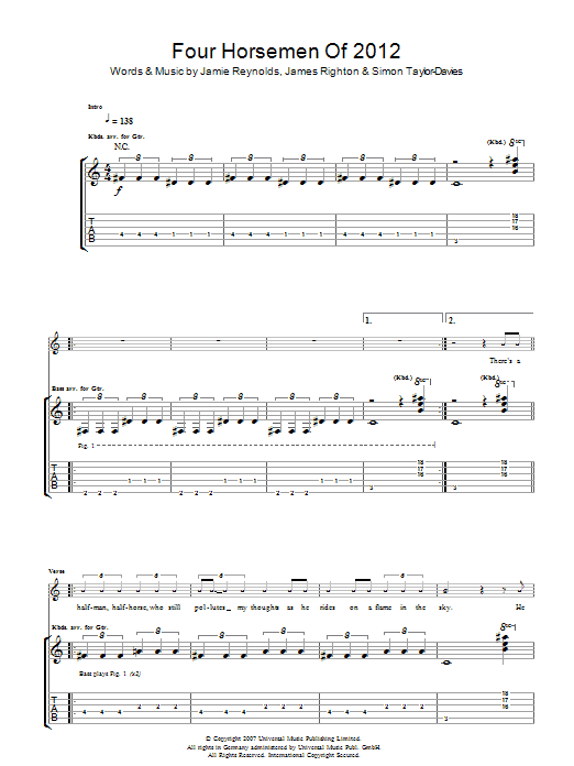 Klaxons Four Horsemen Of 2012 Sheet Music Notes & Chords for Guitar Tab - Download or Print PDF