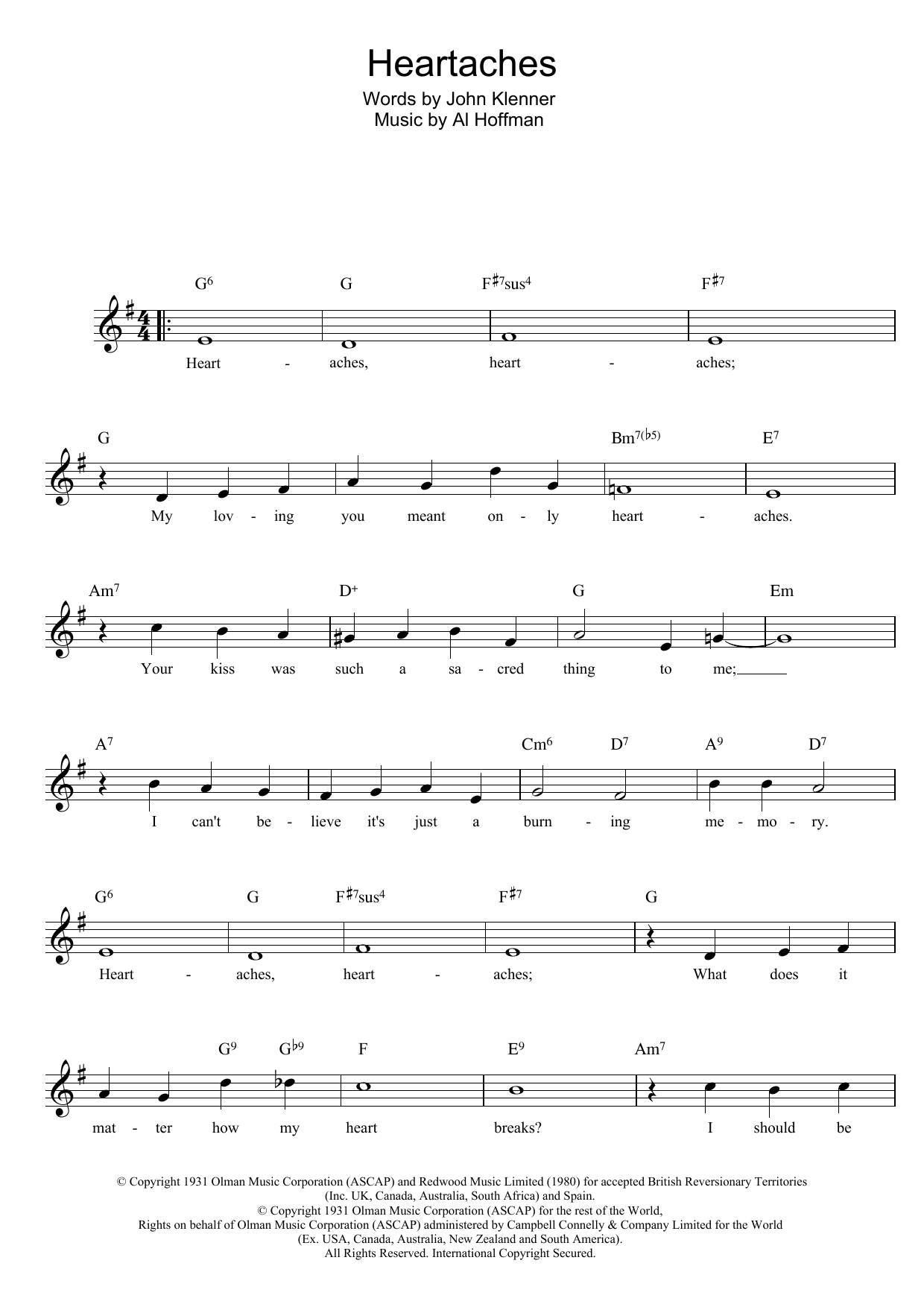 Klenner And Hoffman Heartaches Sheet Music Notes & Chords for Melody Line, Lyrics & Chords - Download or Print PDF