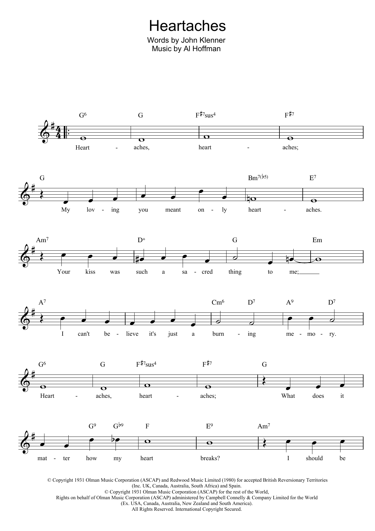 Klenner And Hoffman Heartaches sheet music notes and chords. Download Printable PDF.
