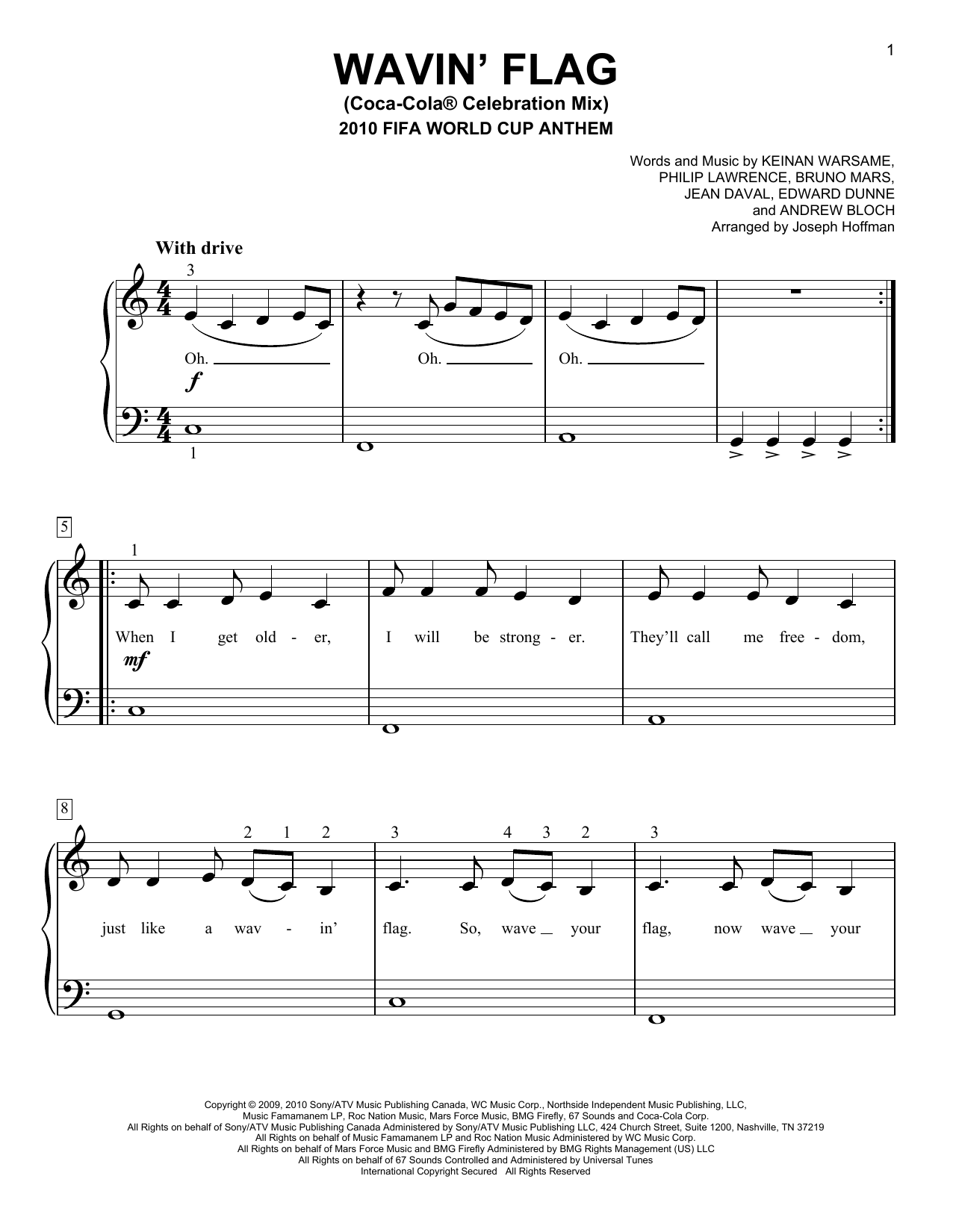 K'naan Wavin' Flag (Coca-Cola Celebration Mix) (2010 FIFA World Cup Anthem) (arr. Joseph Hoffman) Sheet Music Notes & Chords for Easy Piano - Download or Print PDF