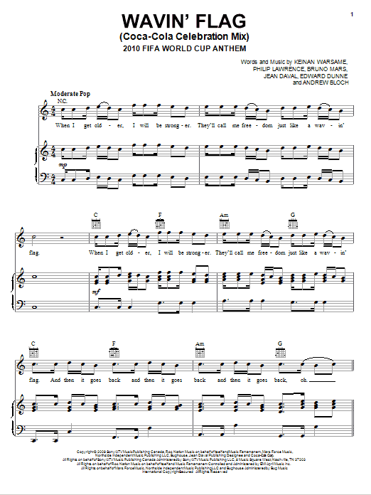 K'naan Wavin' Flag (Coca-Cola Celebration Mix) (2010 FIFA World Cup Anthem) Sheet Music Notes & Chords for Piano, Vocal & Guitar (Right-Hand Melody) - Download or Print PDF