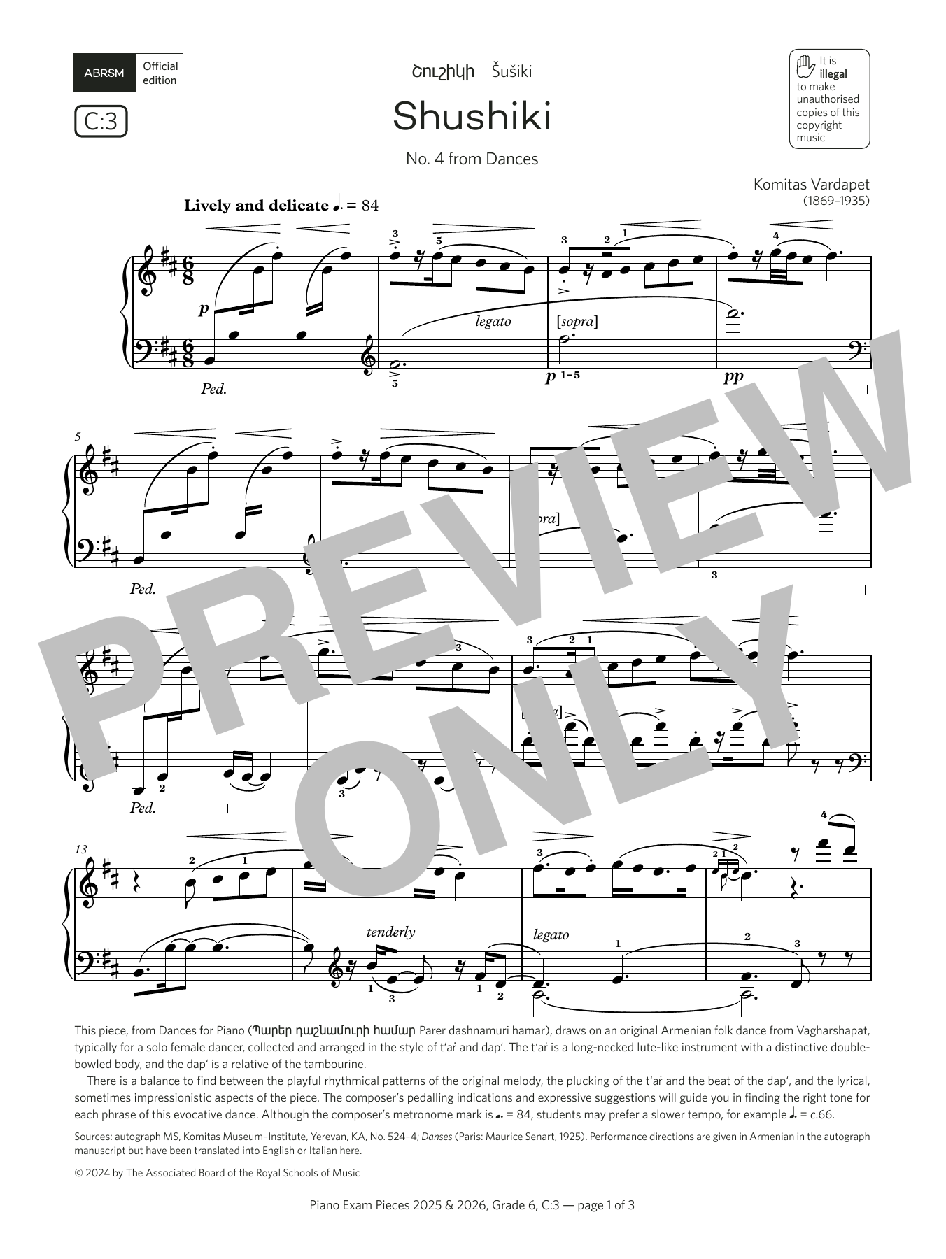 Komitas Vardapet Shushiki (Grade 6, list C3, from the ABRSM Piano Syllabus 2025 & 2026) Sheet Music Notes & Chords for Piano Solo - Download or Print PDF