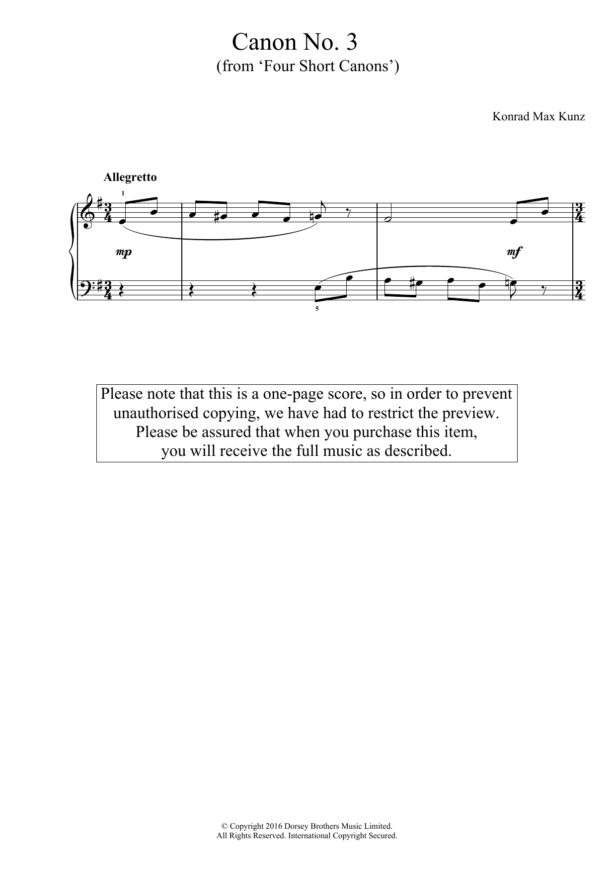 Konrad Max Kunz Canon No. 3 (from 'Four Short Canons') Sheet Music Notes & Chords for Easy Piano - Download or Print PDF