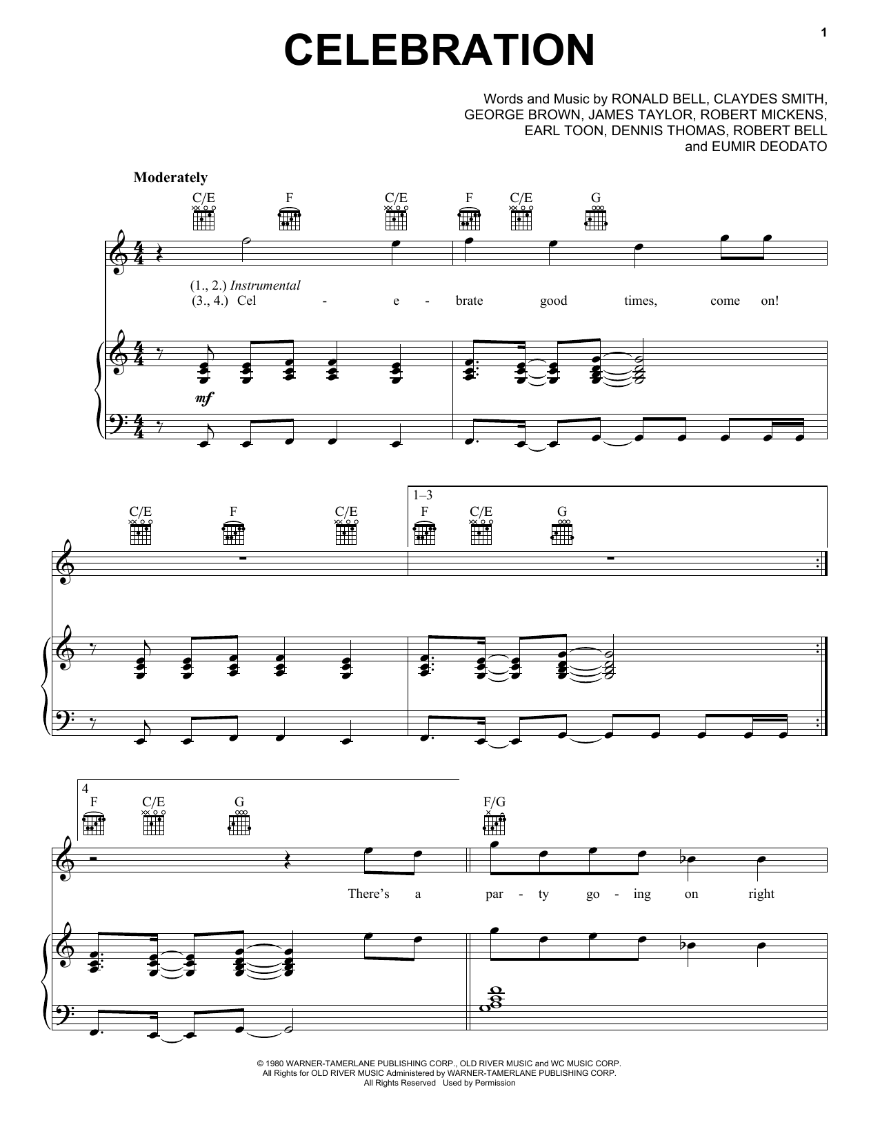 Kool & The Gang Celebration Sheet Music Notes & Chords for Piano, Vocal & Guitar (Right-Hand Melody) - Download or Print PDF